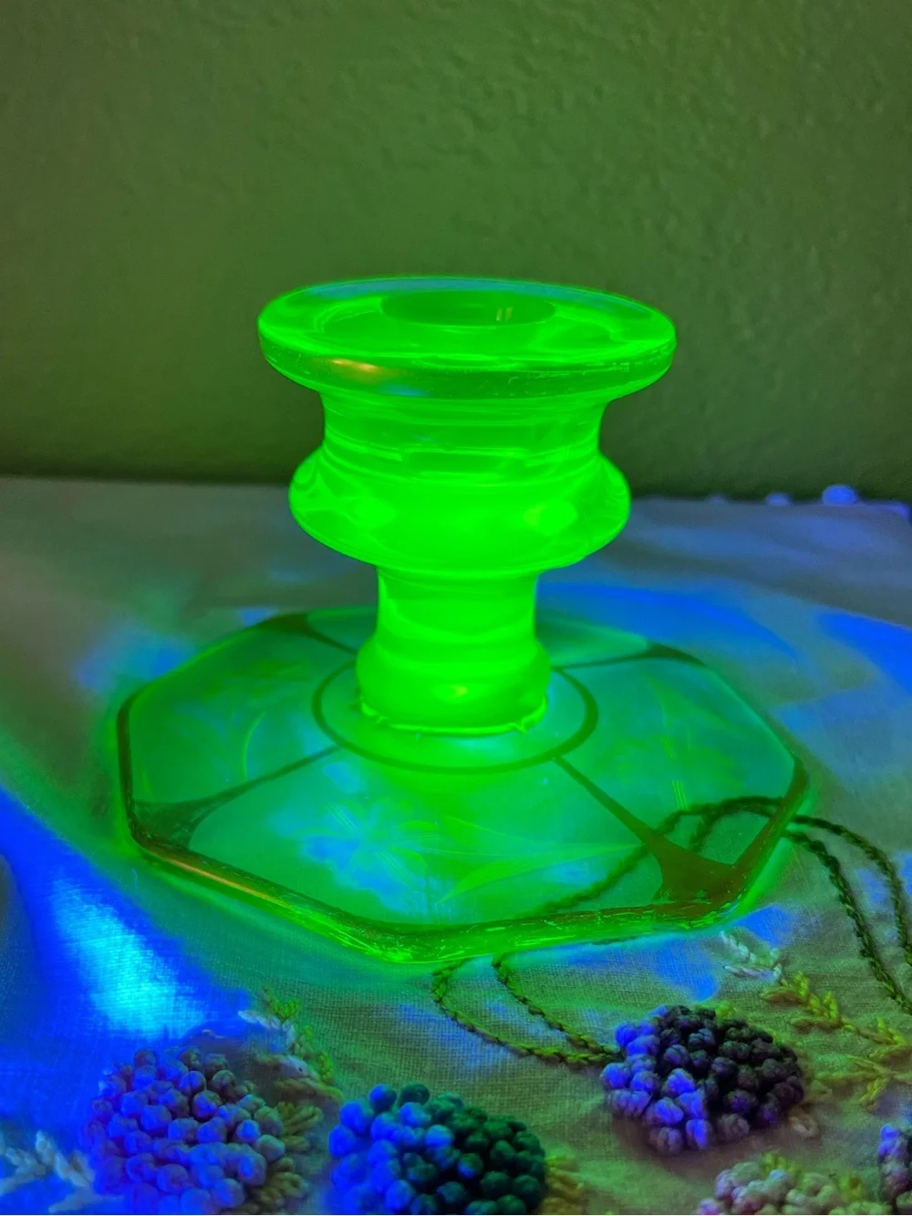 Antique 1930s Uranium Glass Etched Floral Gold Candlesticks Pair